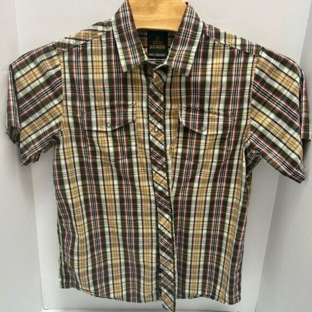 PRANA PLAID PEARL SNAP Short Sleeve Shirt Brown & Tan Size Medium